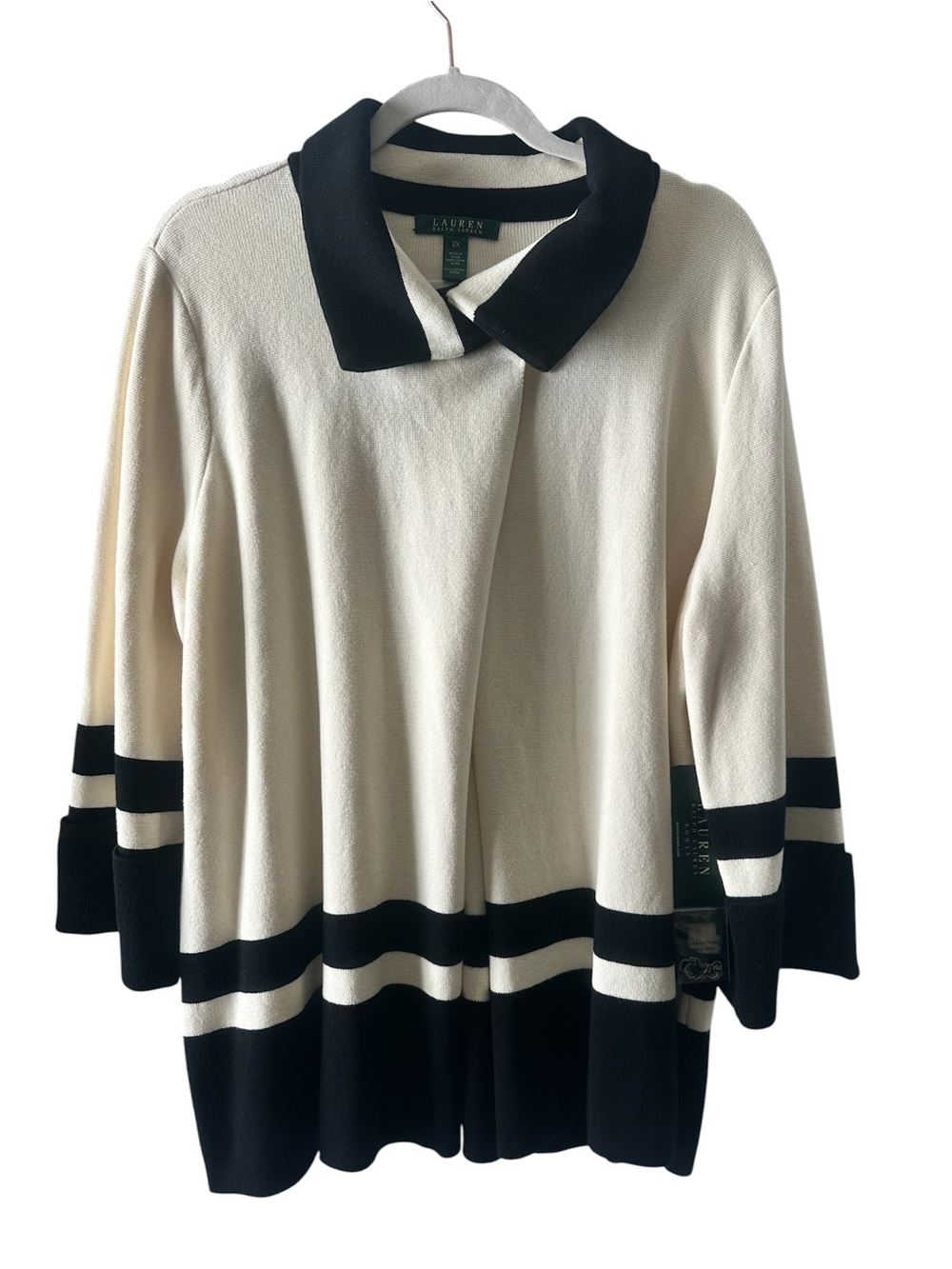 Lauren Ralph Lauren Lake Tahoe Cream/Black One Button Collared Knit Cardigan 2X